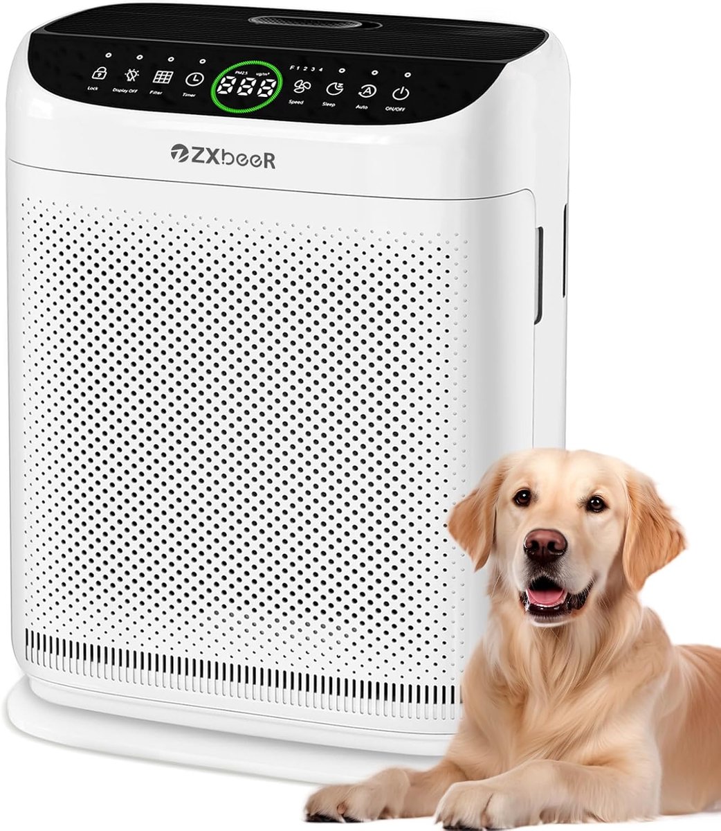 SnelShoppen - Luchtreiniger HEPA voor Allergieën, 400 m³/h, Dubbelzijdige Filtratie, Wasbaar Filter, 20 dB Nachtmodus, Timer, Ideaal voor Huisdieren e