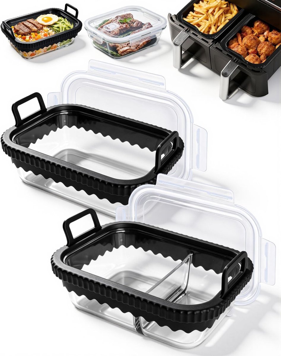 SnelShoppen - 2 stuks ovenvormen voor Airfryer, glazen containers, hittebestendig, krasbestendig, met siliconen handgrepen en deksel, vaatwasmachinebe