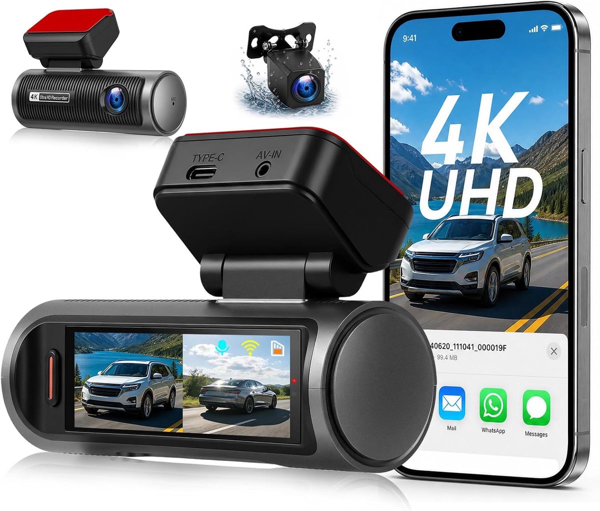 SnelShoppen - 4K Dashcam Auto met 3,19 Inch Display, Dual Dashcam Voor en Achter, WiFi, Nachtzicht, Loopopname, G-Sensor, Groothoek, 24 Uur Parkeerbew