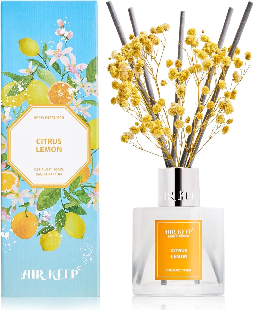 SnelShoppen - Airkeep Rietdiffuser Citrus Lemon 100ml - Luxe Luchtverfrisser met 8 Aromastokjes - Badkamer, Woonkamer, Slaapkamer Decoratie - Stijlvol