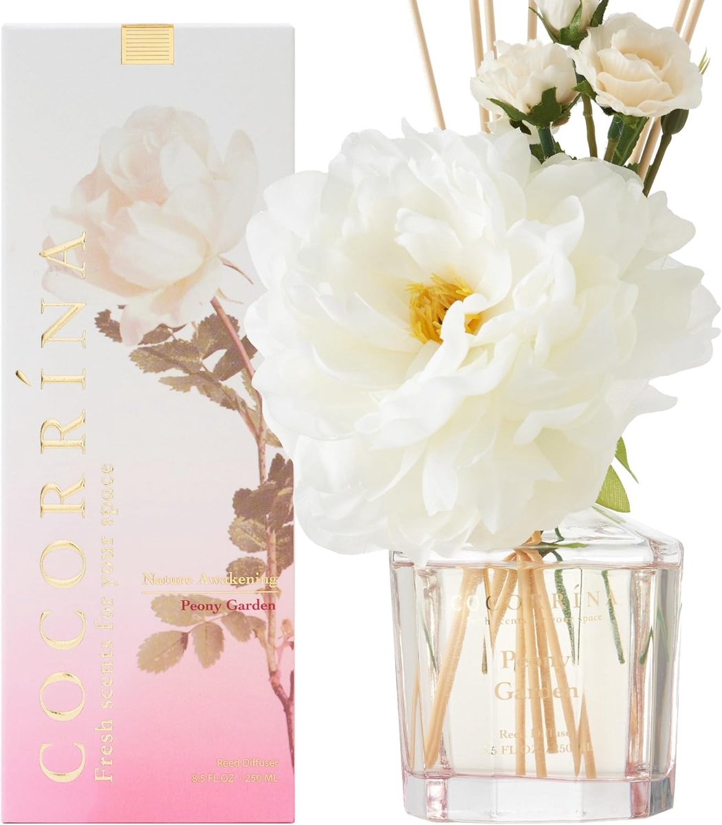 SnelShoppen - Peony Garden Riet Diffuser Set 250 ml met 8 Stokjes - Huisgeur voor Slaapkamer, Kantoor, Badkamer - Aromatische Bloemengeur voor een Bet