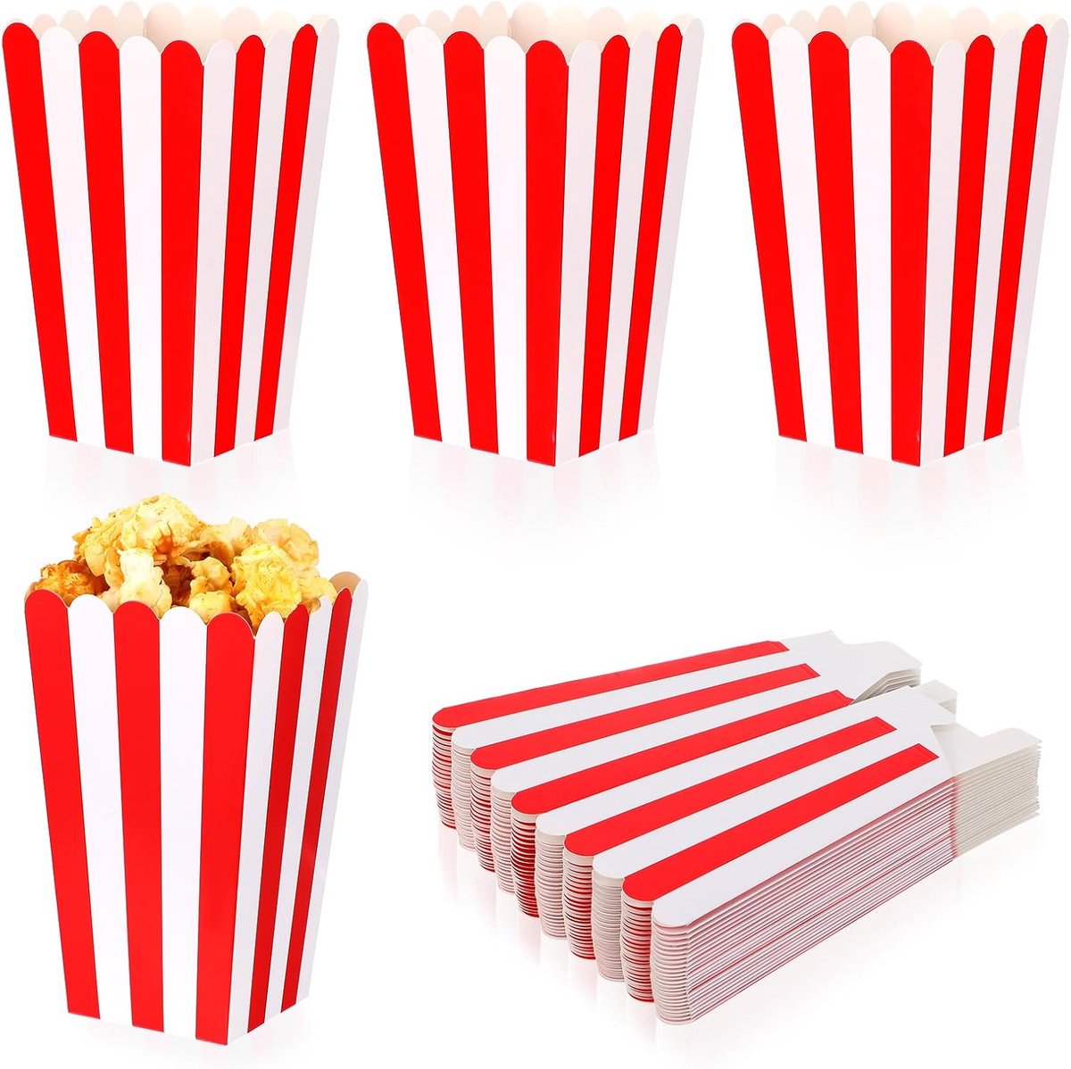 SnelShoppen - 24 stuks Popcorndozen Mini Popcornboxen van Papier voor Feestjes, Wit/Rode Strepen, Ideaal voor Kinderfeestjes, Cinema, Tuinfeest