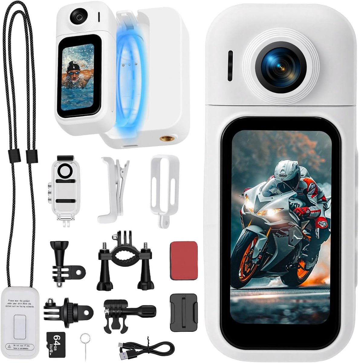 SnelShoppen - 360° Mini Action Camera met touchscreen, waterdicht tot 30m, 8 uur batterijduur, 120° groothoek, 64 GB geheugen, ideaal voor motorfiets,