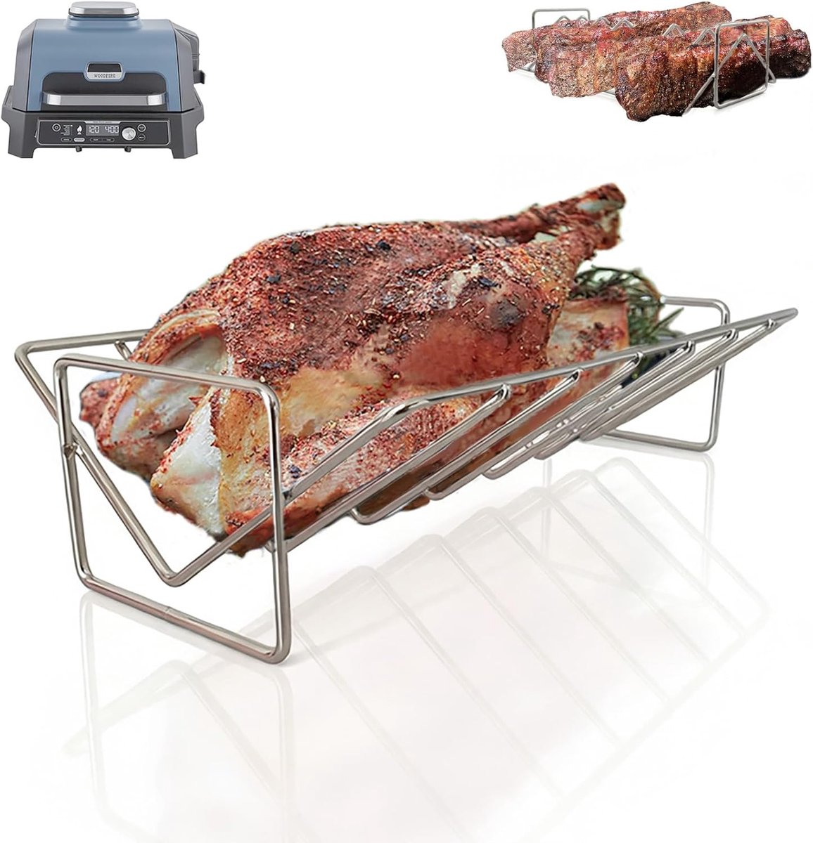 SnelShoppen - V-vormige Anti-aanbak Rooster Grate 2-in-1 Ribhouder en Kippenbrader voor Barbecue - Rvs 304, Geschikt voor Ninja Woodfire XL OG850/OG90