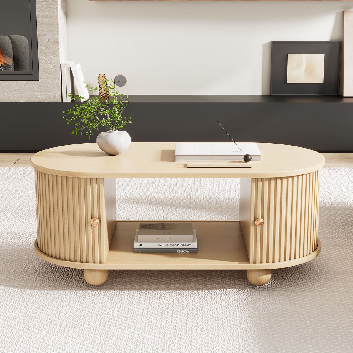 Wishdor - Salontafel - Ovaal design - Opbergruimte met schuifdeuren en open vak - Modern - Woonkamer - Houtlook - Houtkleur - 100 x 50 x 40 cm