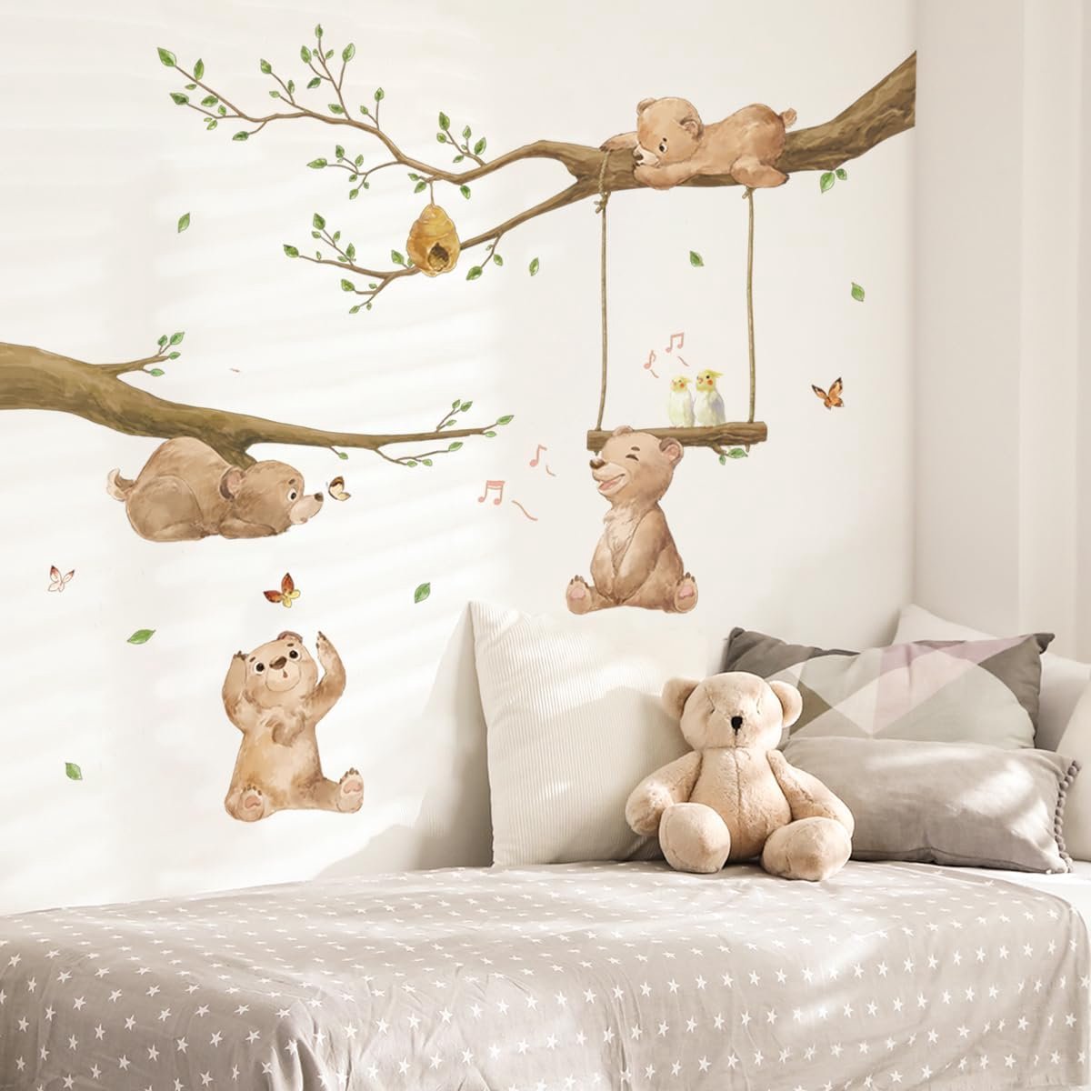 SnelShoppen - Runtoo Beren Muurstickers - Schattige Bosdieren Wanddecoratie voor Kinderkamer Babykamer - Vinyl, Herbruikbaar, Waterdicht, 4 Bruine Ber