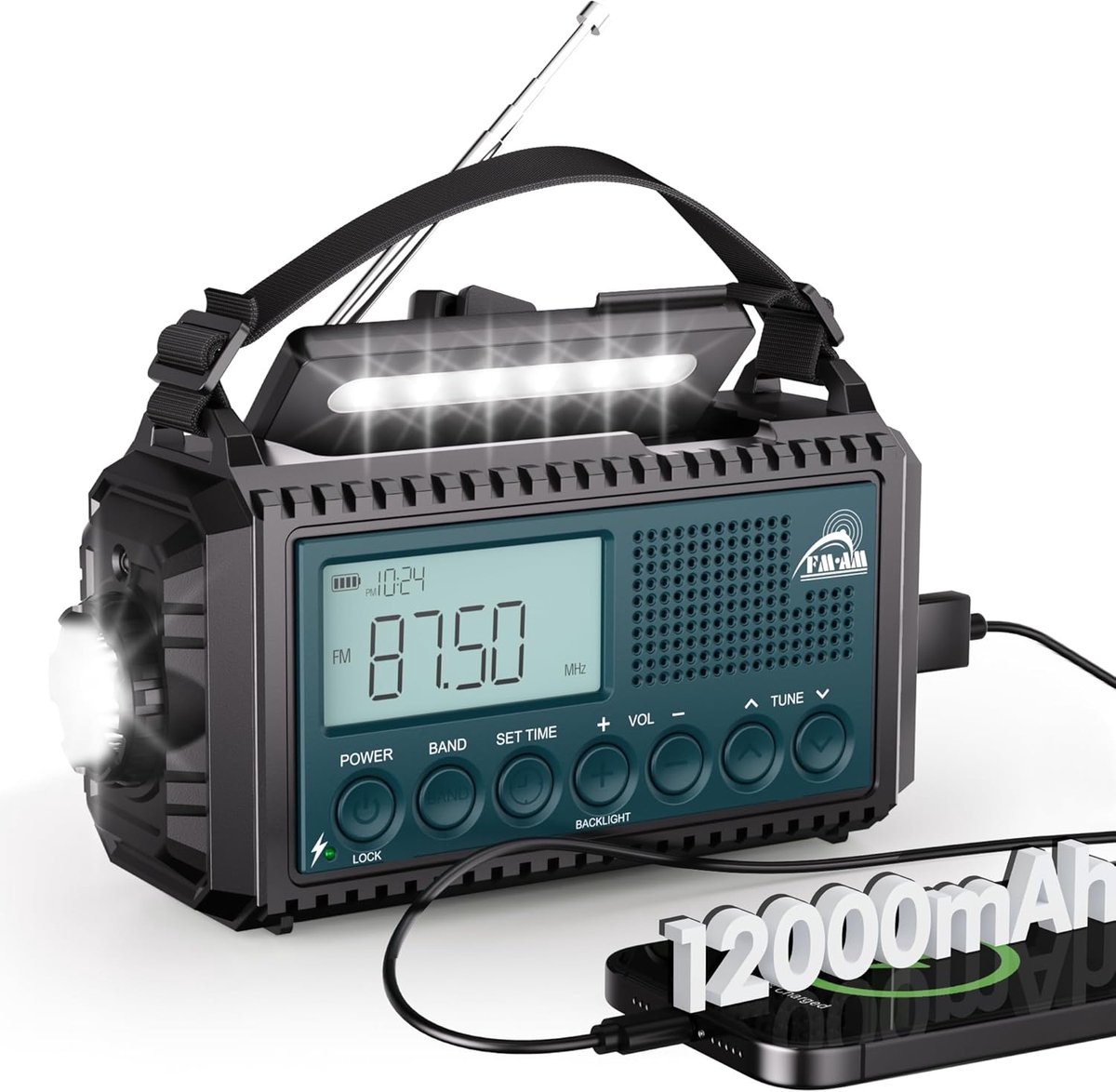 SnelShoppen - AM/FM/SW Crank Radio met 12000 mAh Accu, Draagbare Radio met Zaklamp, Leestlamp, Noodradio met Type C Oplaadfunctie, SOS Alarm voor Wand