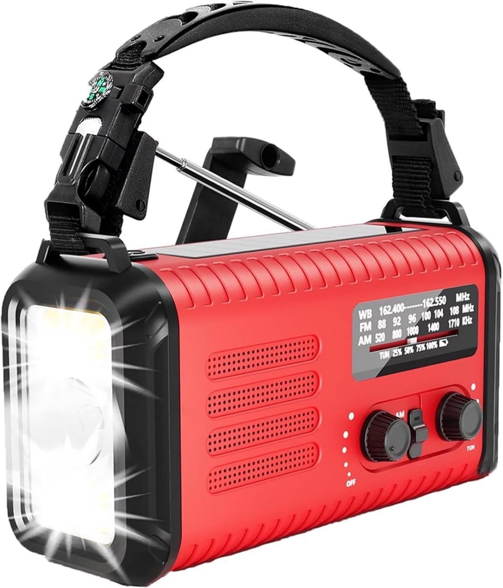 SnelShoppen - Noodradio Solar Opwindbaar FM/AM met 20.000mAh Powerbank - Draagbare Radio Zonne-energie met LED-Zaklamp, Kompas, Rood - Perfect voor Ca