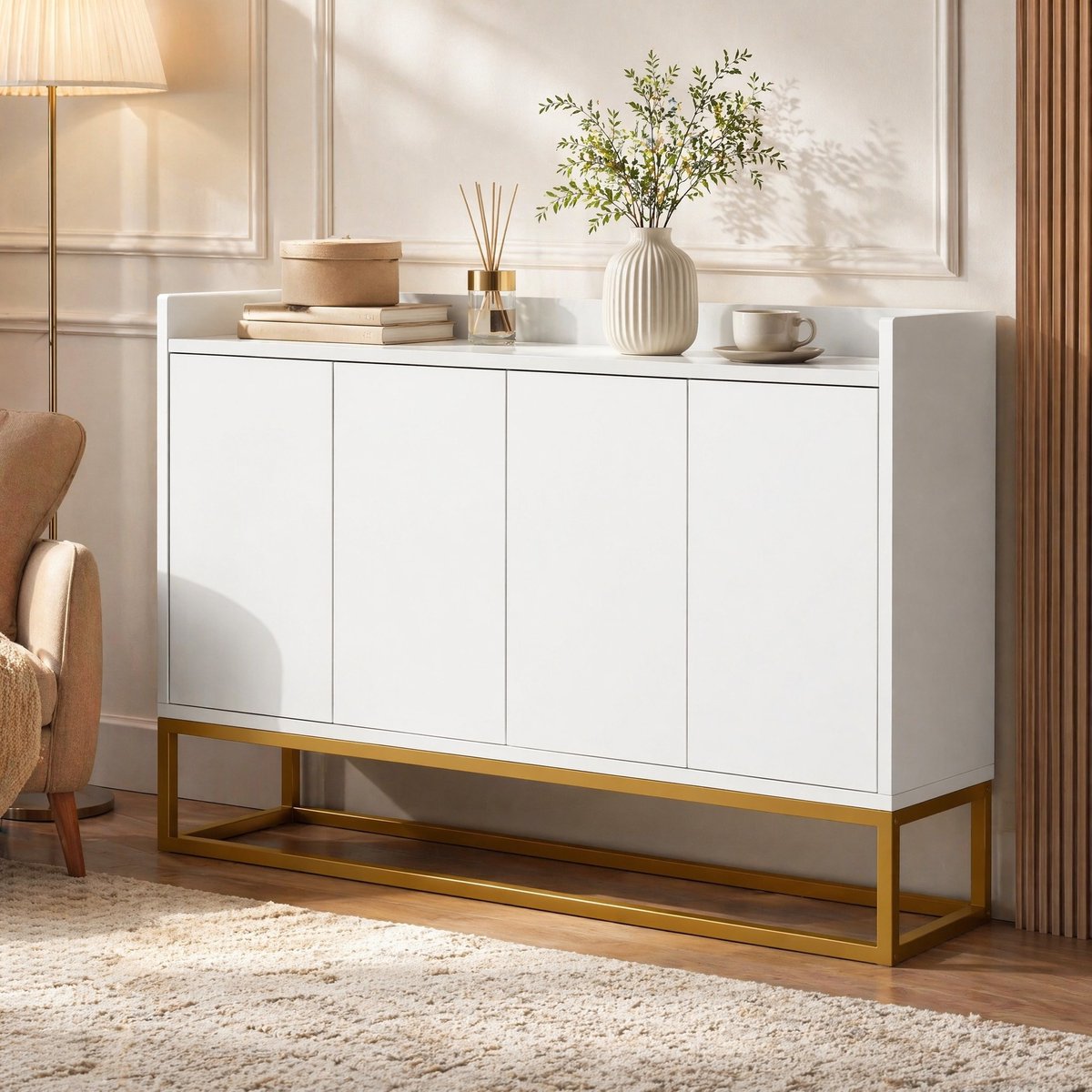 Wishdor - Dressoir - 4-deurs greeploos sideboard met verstelbare planken - minimalistisch design voor woonkamer of keuken - houtlook en metaalframe - wit - 120 x 30 x 80 cm