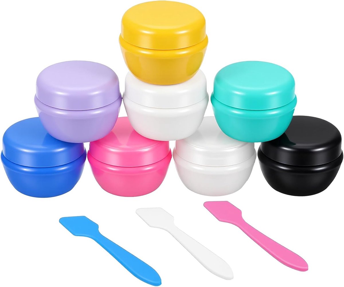SnelShoppen - 8 Transparante Cream Filling Jars 20 ml met Deksel en 3 Kleine Lepels voor Crèmes, Balsems, DIY Cosmetica - Herbruikbaar - Multi-Kleur