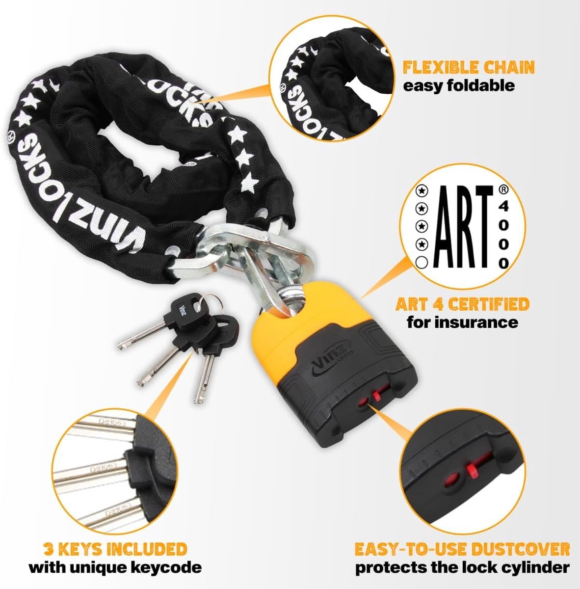 SnelShoppen - Motorr slot / Kettingslot / Scooter slot ART 4 Gecertificeerd - 150 cm Ketting - 10.5 mm Dikke Schakels - Veilig en Duurzaam