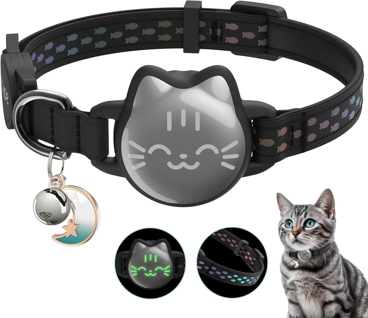 SnelShoppen - Waterproof Cat Collar met Luminous en Reflective Fish Pattern, Breakaway Cat Airtag Collar, Lichtgewicht GPS Tracker Houder voor Katten,