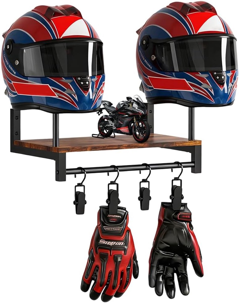 SnelShoppen - Helmhouder Wandhouder Multifunctionele Motorhelmhouder met Opbergrek voor Helm, Jas, Handschoenen - Ruimtebesparende Display-Organizer v