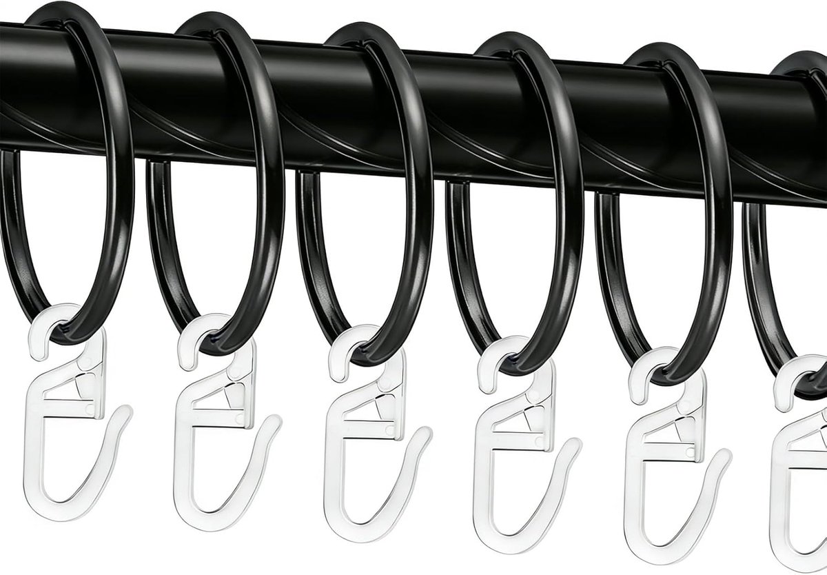 SnelShoppen - 50 Stuks Zwarte Metal Gordijnringen met 50 Stuks Plastic Gordijnhaken - 32mm Binnen Diameter - Ideaal voor Douches, Raamdecoratie en Int