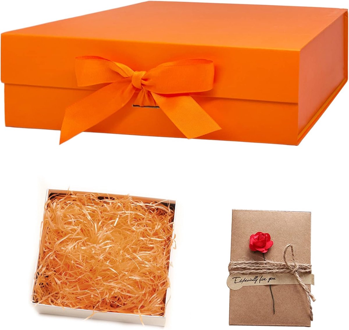 SnelShoppen - Grote Oranje Cadeaubox met Magnetische Sluiting, Inclusief Lint, Wenskaarten en Vulmateriaal - Perfect voor Verjaardag, Bruiloft, Kerst