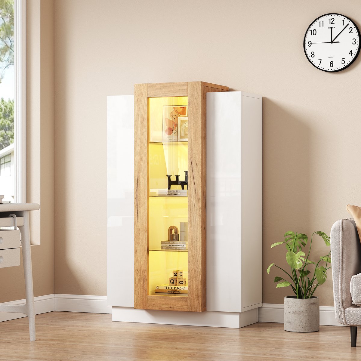 Wishdor - Vitrinekast - 3 deuren en lade - met LED en glasplanken - Scandinavisch - voor woonkamer en boekendisplay - houtlook en acryl - wit naturel - 74 x 40 x 120 cm