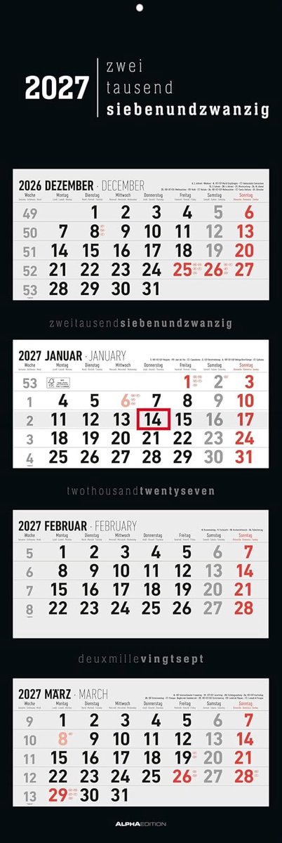 SnelShoppen - 4-Monatskalender Black 2027 - Wandkalender 33x100 cm - Overzichtelijke Datumsschieber - Jaarlijkse Schoolvakanties - Faltbaar voor Kanto