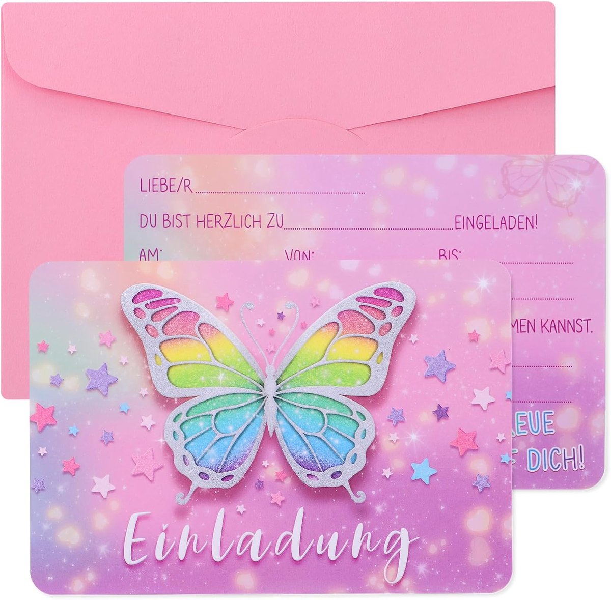 SnelShoppen - 12 Verjaardagsuitnodigingen Kinderen met Vlinders, 15 x 10.5 cm, Inclusief 12 Enveloppen, Uitnodigingen voor Feestjes, Kinderpartijtjes,