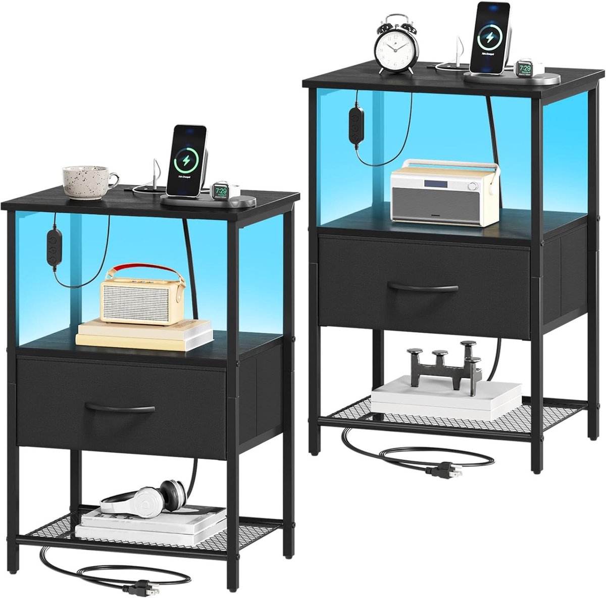 SnelShoppen - Multifunctionele Bedside Table met Stofladen, 2 AC Stopcontacten, 1 USB, 1 Type C, Nachtkastje, Opbergruimte voor Slaapkamer en Woonkame