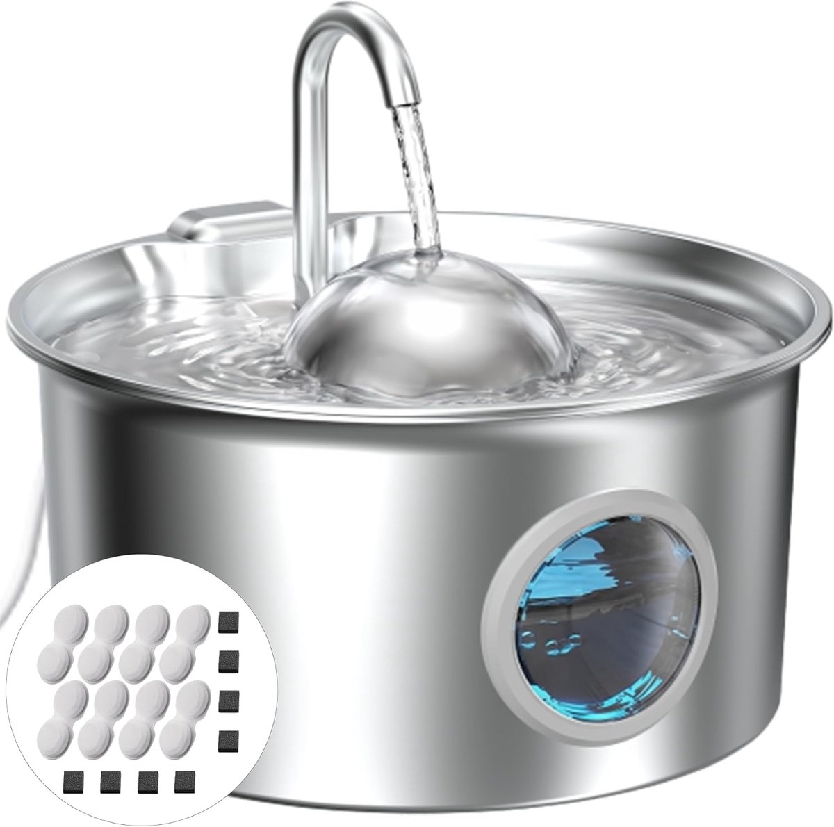 SnelShoppen - RVS Drinkfontein voor Katten - Automatische Katten Drinkbak 2.6L met Waterniveau Venster - Inclusief 8 Koolstoffilters + 8 Sponsen