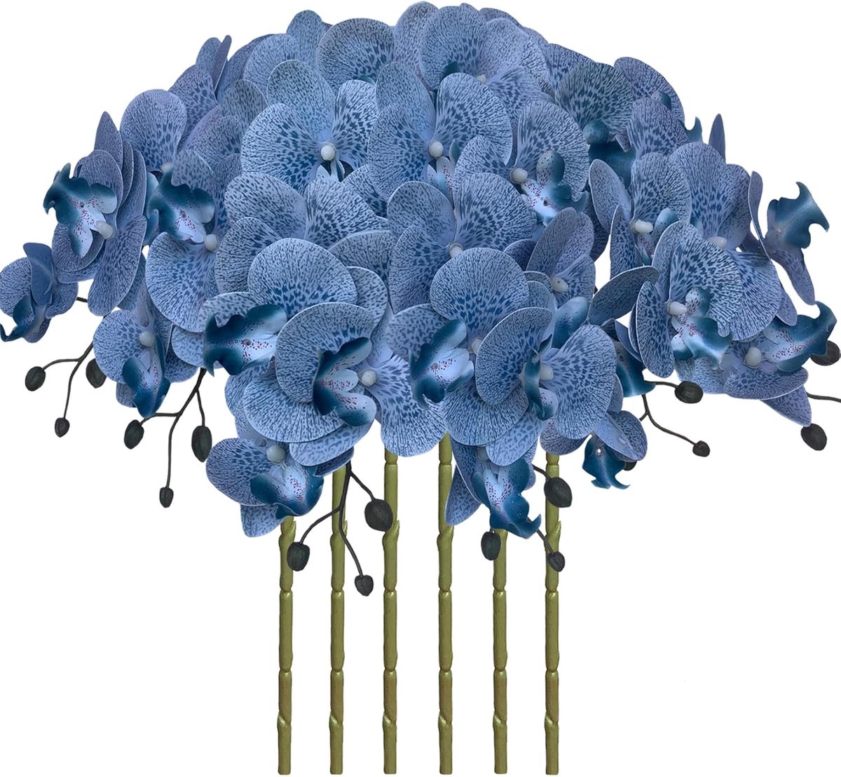 SnelShoppen - 6 Stuks Kunstmatige Phalaenopsis Orchideeën Bloemen 80cm - Blauwe Piebald - Real Touch PU + Plastic Stelen - Perfect voor Thuis, Kantoor