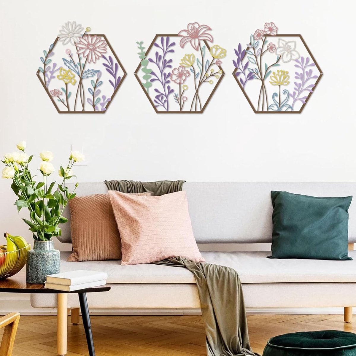 SnelShoppen - 3 Stuks Metaal Bloemen Wanddecoratie - Minimalistisch Kleurrijke Wandkunst - Abstracte Bloem Sculpturen voor Slaapkamer, Badkamer, Woonk