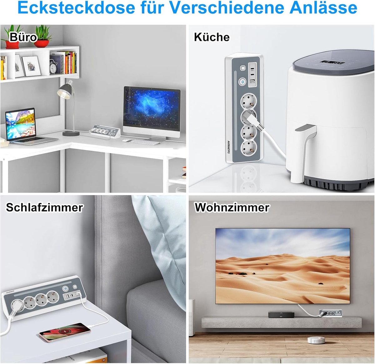 SnelShoppen - Power Strip met USB en 2 Type C, 4-Way Hoekstopcontact, Meerdere Stekkerdozen met LED en Overspanningsbeveiliging, 3680 W, 16 A, Schakel