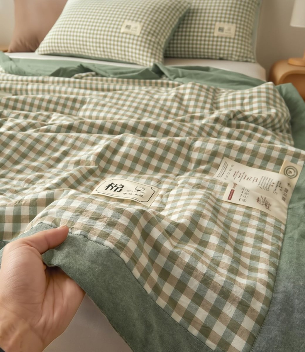 SnelShoppen - Cotton Quilted Bedpreys - Ruitjes Bedthrow van Katoen - Super King, Single & Double Maat - Kinderen's Bed Duvet - 150x200cm Lichtgroen v