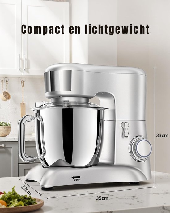 KAD® Deegmachine - Elektrische Deegmixer - Keukenmixer - Zilver - 35cm x 22cm x 33cm van Kad — afbeelding 2