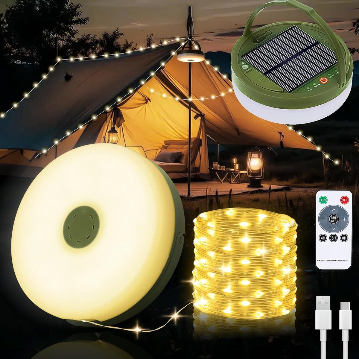 SnelShoppen - 22M Solar String Camping Lights - LED Warm Wit & Kleurrijk - Oplaadbare USB & Waterproof IPX4 - 8 Verlichtingsmodi - Perfect voor Feest,