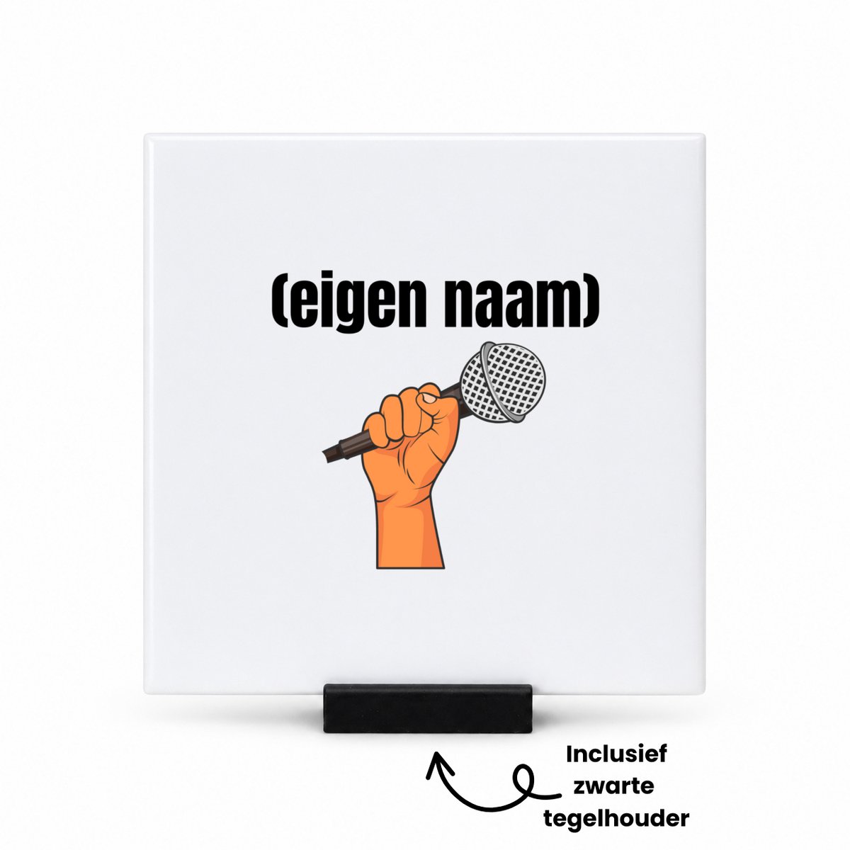 Hacebo microfoon met hand met eigen naam tegeltje met tegelhouder - Microfoon - muziek liefhebbers - tegeltjes met tekst - iemand die houdt van muziek - verjaardag - cadeau - kado - spreuktegels - 10.8x10.8 CM Wit