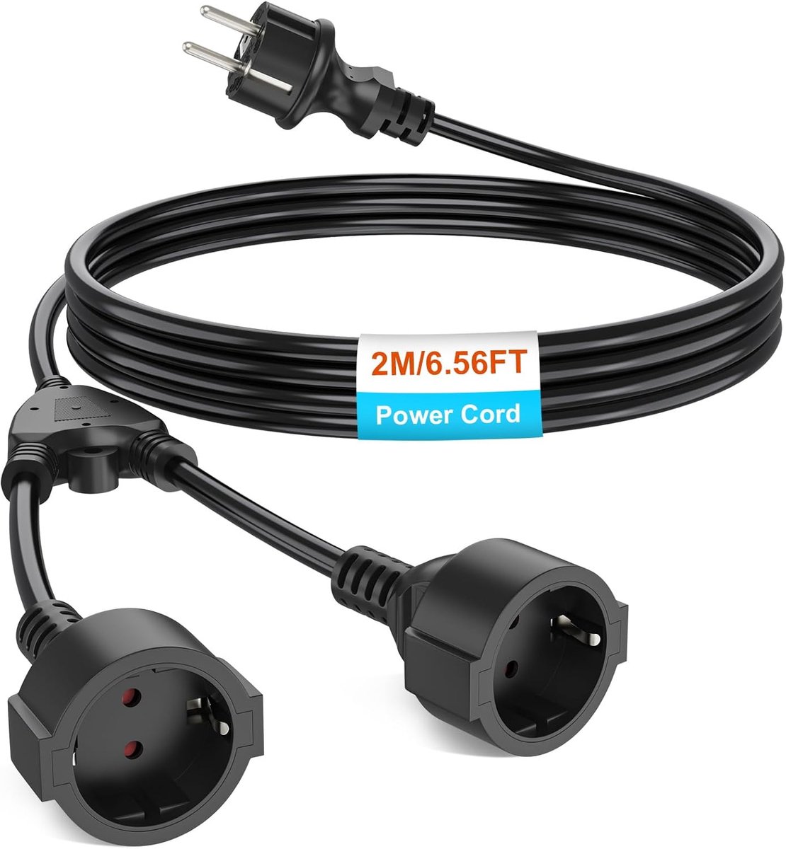 SnelShoppen - Verlengsnoer met 2 Schuko Stopcontacten, 2 m, Aardingsbescherming, Binnengebruik, IP20, 1 mm², 250 V, 16 A, 3680 W - Zwart