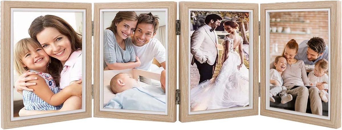 SnelShoppen - 4 Foto Lijsten Collage 12.5 x 17.5 cm Houten Fotolijst met Dubbelzijdige Weergave Rotatie voor Familie & Vrienden Cadeau en Kantoor Deco