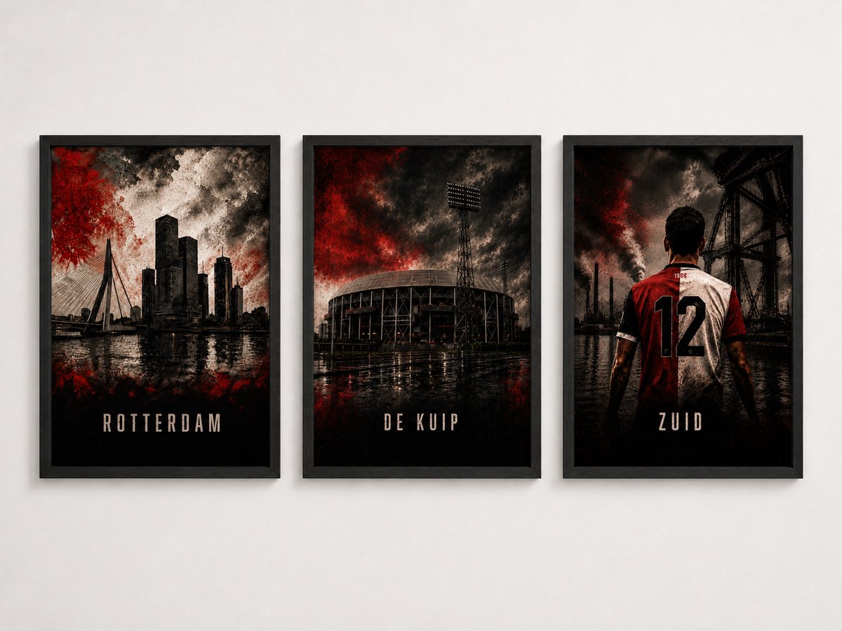 Feyenoord Rotterdam Drieluik | Rotterdam, De Kuip en Het Legioen | Voetbal Wanddecoratie | Inclusief 3 Zwarte A4 Lijsten