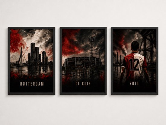 Drieluik: Rotterdam skyline, De Kuip stadion en een voetballer met nummer 12.