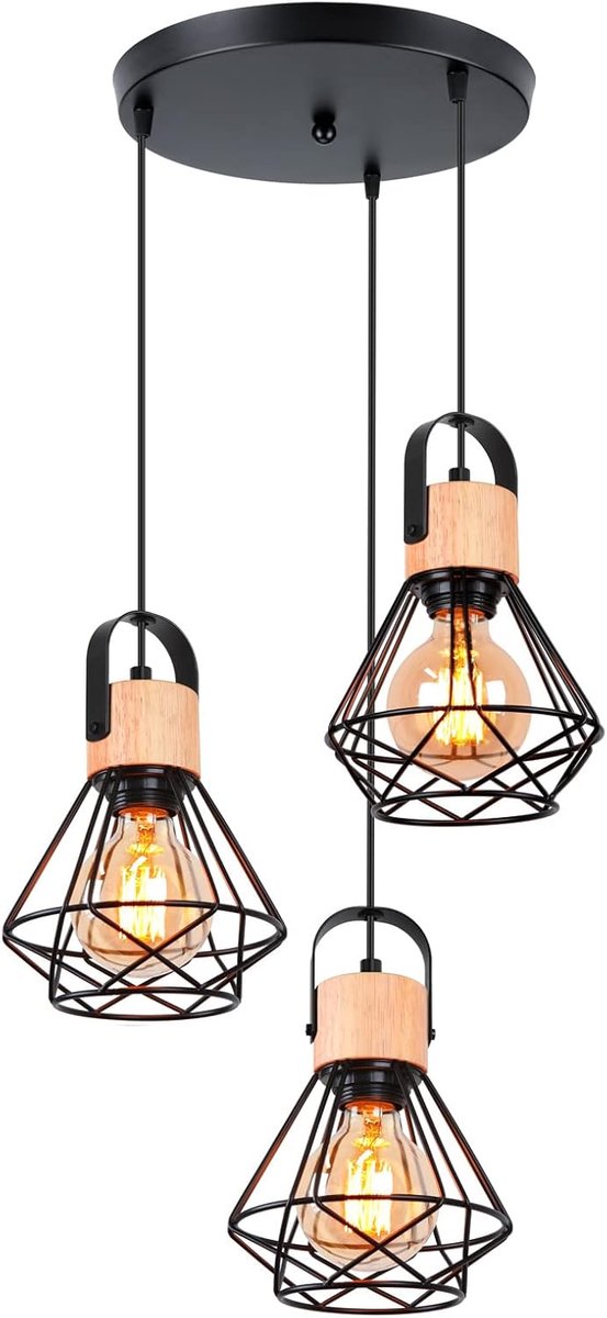 SnelShoppen - Industrieel Hanglamp 3 Lampen 16 cm Vintage Kroonluchter Pendellicht van Hout en IJzer Retro Kooi Ontwerp Zwart E27 Plafondlamp voor Woo