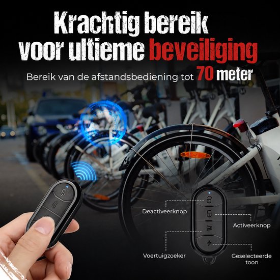 Hand met afstandsbediening die fietsen in een fietsenstalling activeert, met tekst "Krachtig bereik tot 70 meter".
