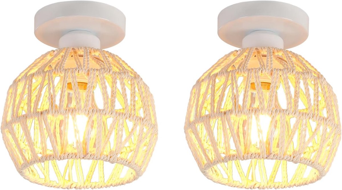 SnelShoppen - Set van 2 Vintage Plafondlampen E27 Retro Kroonluchter Metaal en Rietlampenkap Wit Ø16cm voor Slaapkamer Keuken Hal