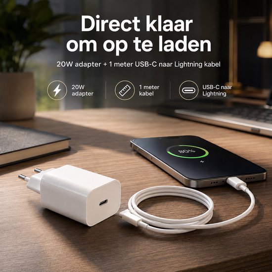 Witte 20W adapter en een witte 1 meter USB-C naar Lightning kabel op een houten bureau.