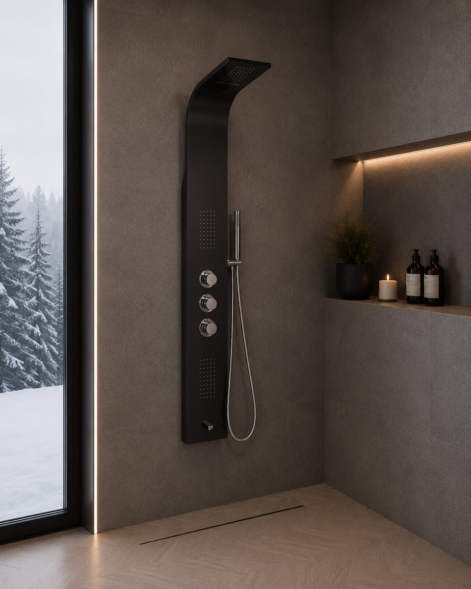 ILYA Thermostatisch Douchepaneel Mat Zwart – Douchekolom met Hoofddouche, Handdouche en Massagejets – Luxe Badkamer Douchesysteem