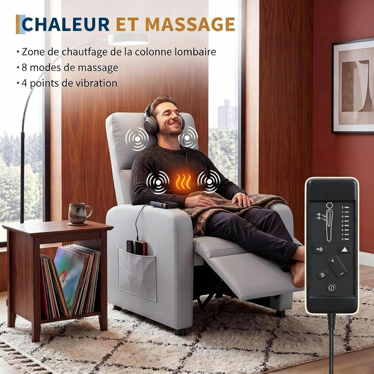 Elektrische Relaxstoel met Massage en Verwarming - Verstelbare TV-fauteuil (90°-150°) - PU-Leer - Geheugenfunctie - Grijs - Max. 136 kg – foto 3