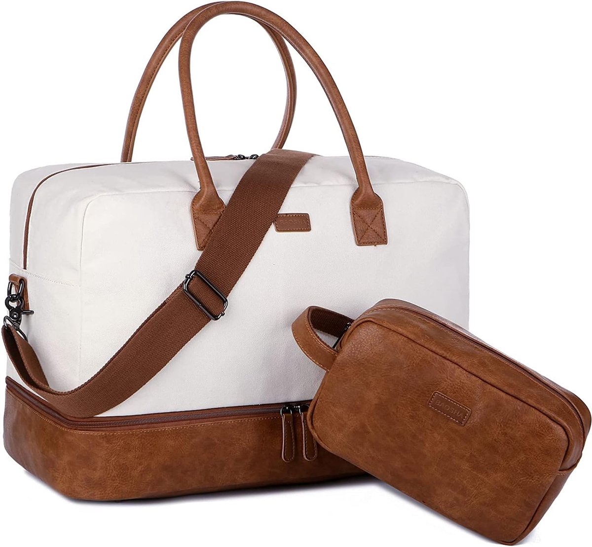 SnelShoppen - Women's Canvas Travel Bag Weekender met Schoencompartiment en Toilettas, Vintage Wit/Beige, 50.8 x 33.5 x 25.5 cm - Perfect voor Reizen,