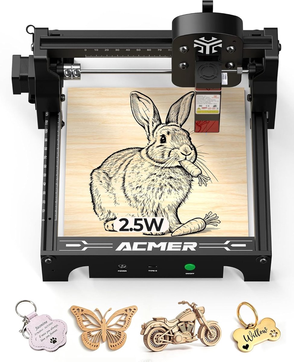 SnelShoppen - Acmer T1 Lasergraveermachine 2.5W, Draagbare Mini Laser Cutter met 0.01 mm Precisie, 130x130 mm Werkgebied voor Hout, Leer, Glas, Metaal