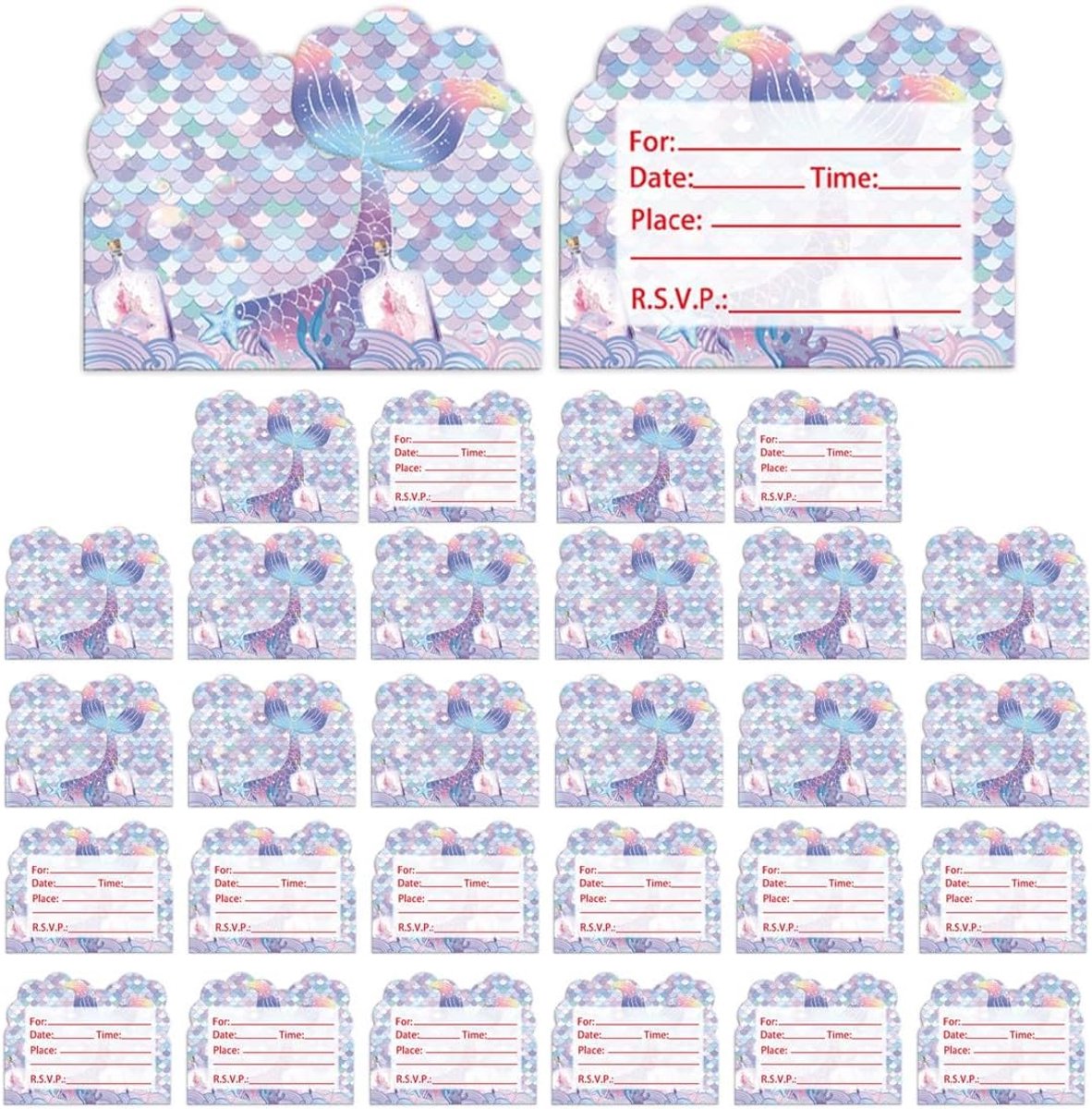 SnelShoppen - Pack van 30 Kinderuitnodigingen, 14 x 11 cm, Dromerige Zeemeermin Motief, Hoogwaardige Papieren Uitnodigingen voor Feestjes, Verjaardage