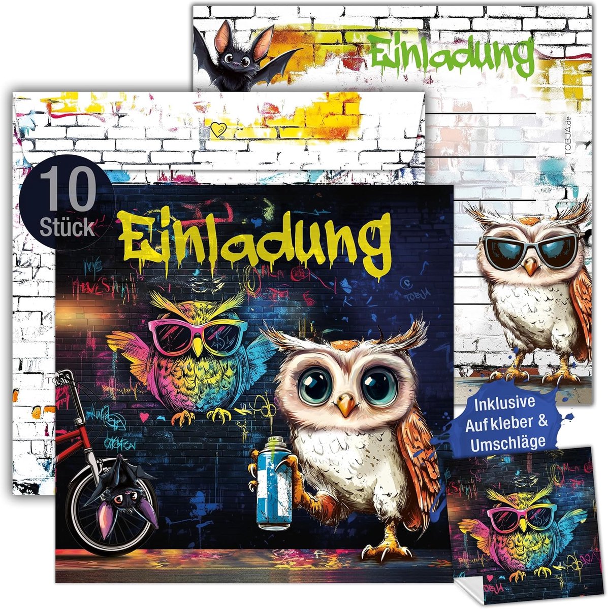 SnelShoppen - XXL Kinder Verjaardagskaarten Graffiti Uil Ontwerp 15x15 cm met Stickers en Enveloppen - Uitnodigingen voor Feestjes voor Jongens en Mei