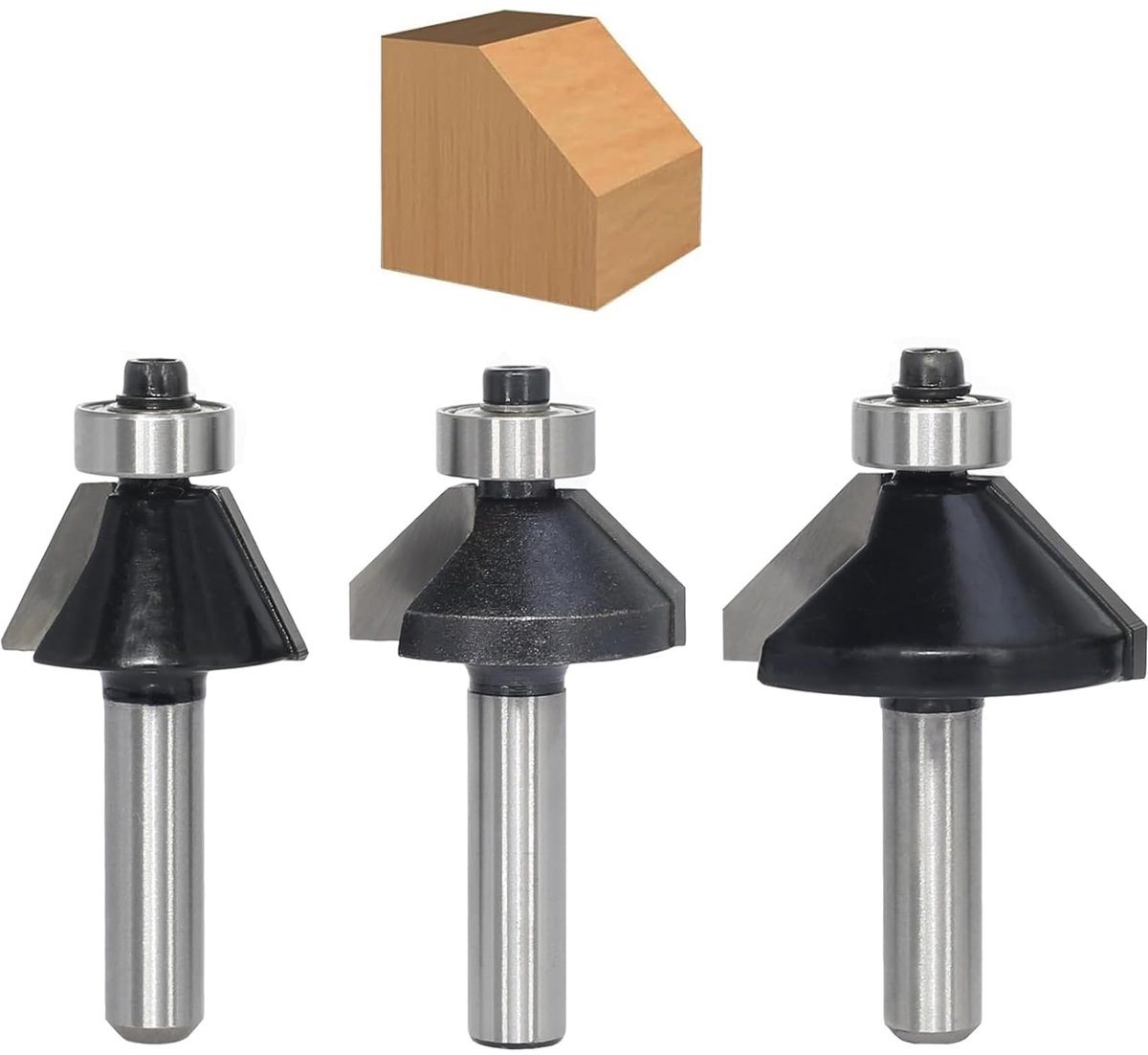 SnelShoppen - Edge Milling Cutter Set 8 mm Shank - 3-delige Chamfer Cutter met 25° en 45° Hoek - Hoogwaardige Houtbewerking Gereedschap met Kogellager