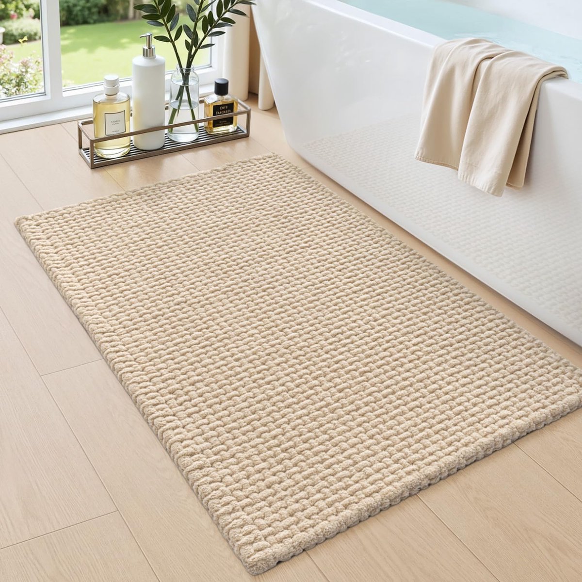 SnelShoppen - Chenille Badmat 40x60cm, Absorberend en Antislip, Zacht en Sneldrogend Badkleed voor Badkamer, Douche en Toilet, Beige