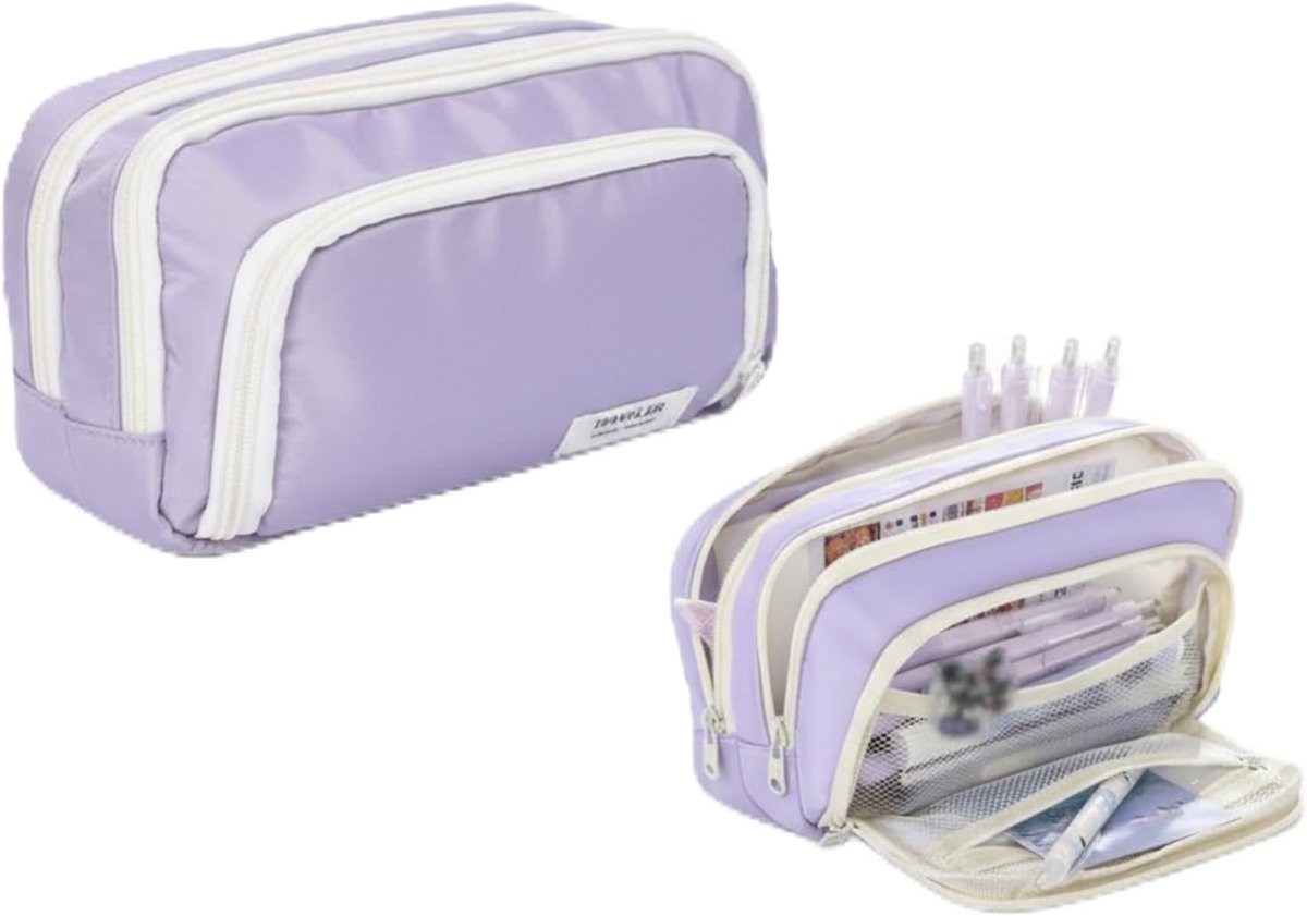 SnelShoppen - Grote Pennenbak met 3 Compartimenten, Pennenbak voor Kinderen en Tieners, Multifunctionele Etui met Rits, Organisator voor School en Kan