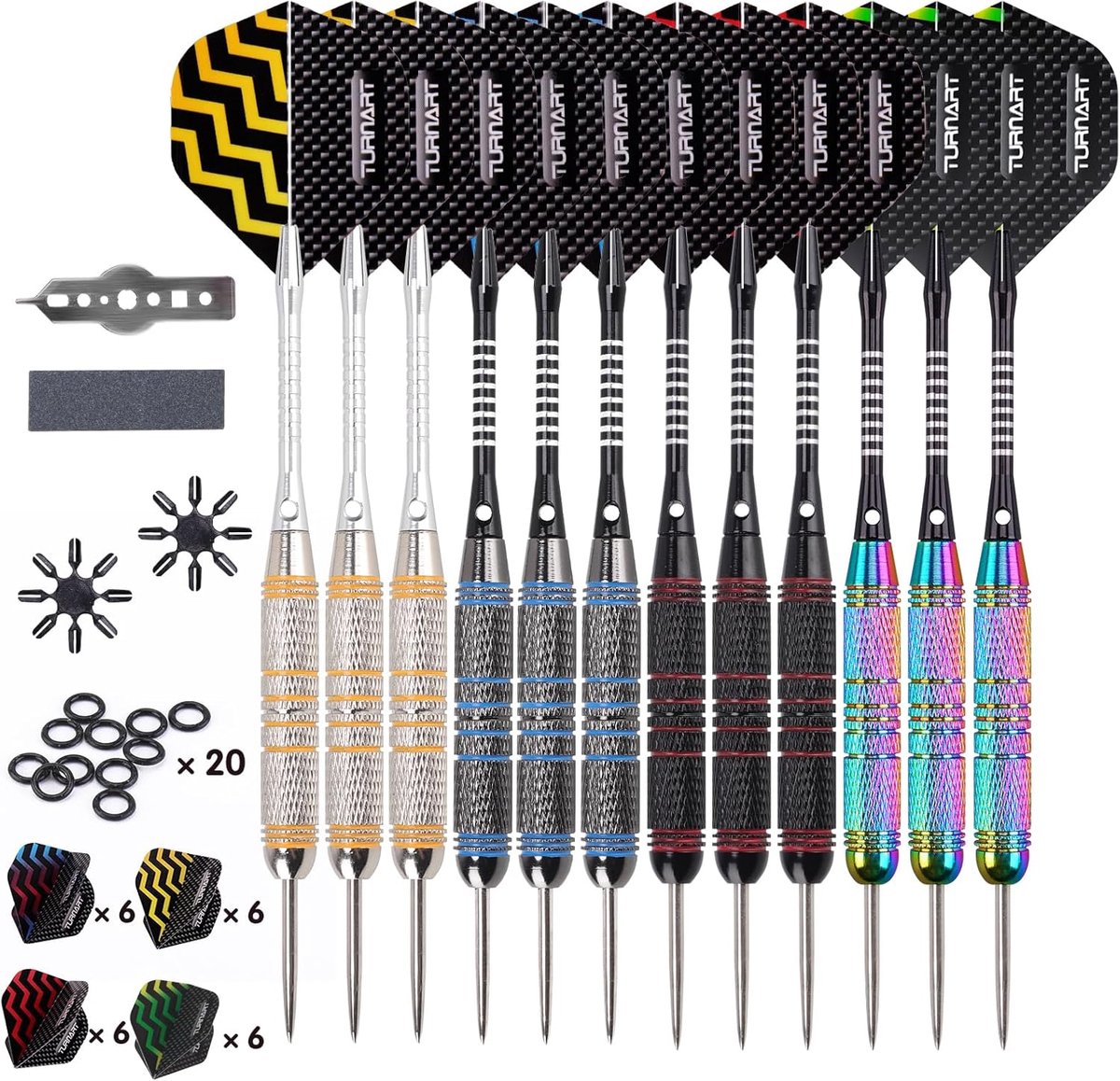 SnelShoppen - Professionele Steel Darts Set met 12 x Dart Flights, 12 Aluminium Shafts, 24 g, Inclusief 20 x Anti-Loose Rubber Ringen voor Feest- en T