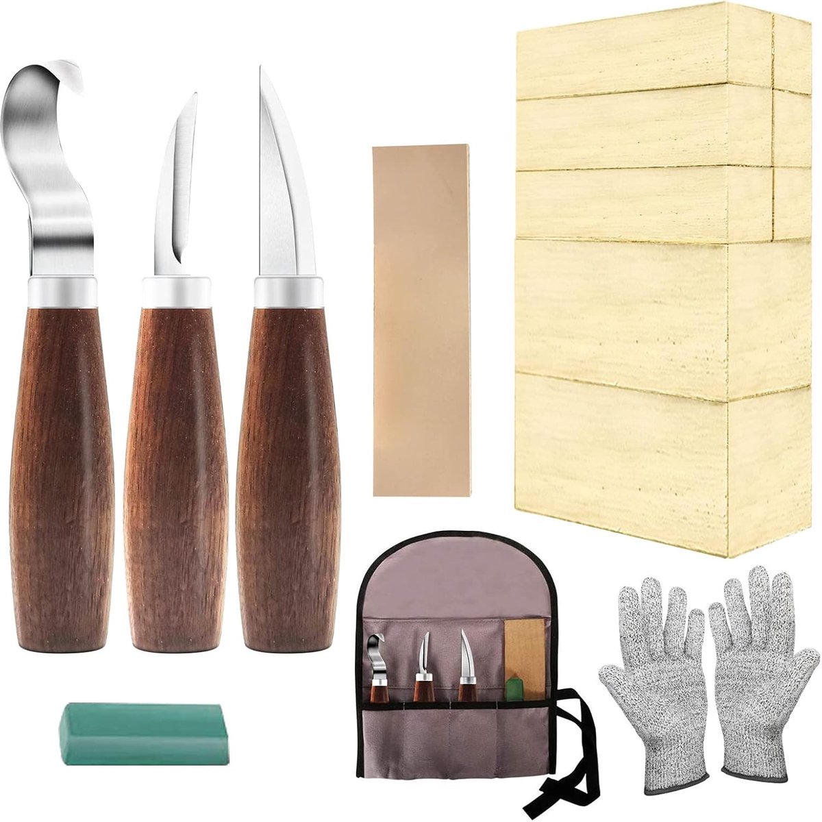 SnelShoppen - Wood Whittling Kit met 3 Houtbeitels, 8 Basswood Blokken, Snijhandschoenen - Ideaal voor Beginners in Houtbewerking, Creatieve Hobby voo